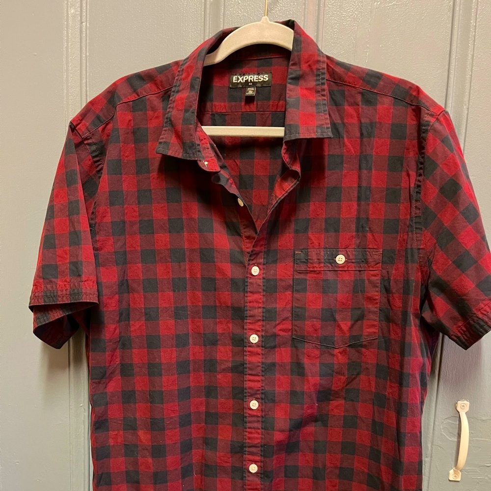 Men’s dark blue and red plaid button down shirt